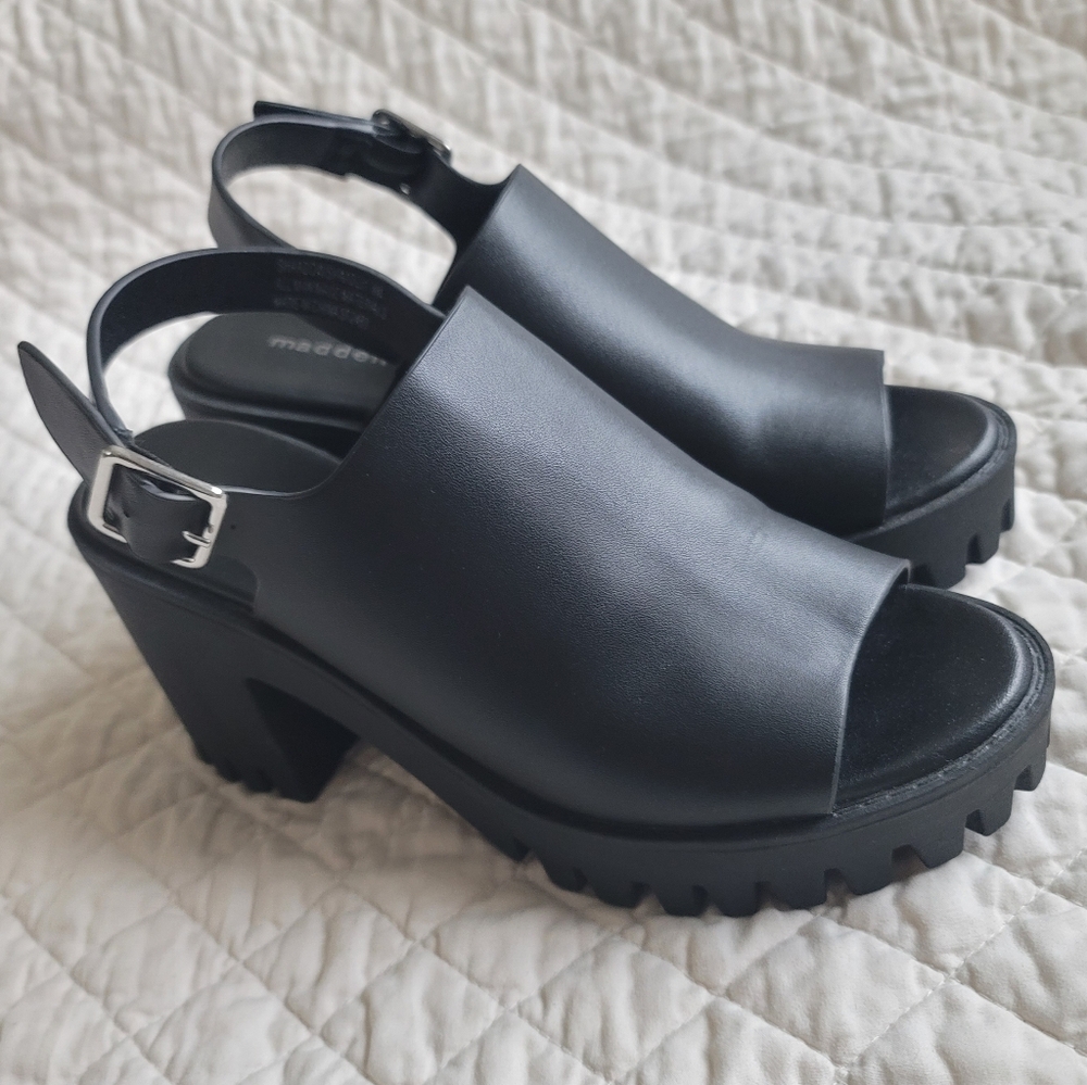 Madden Girl Black Lug Sole Chunky Heel Slingbacks